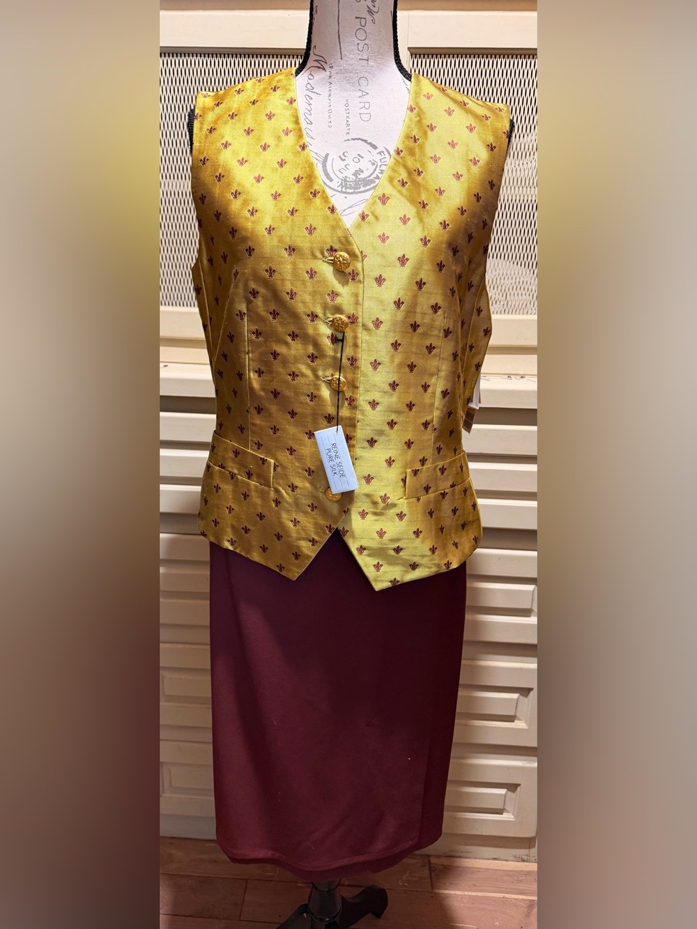 NWT VTG Escada 4Pc Silk Vest Blouse Wool Skirt Pants Set Gold Fleur-de-lis